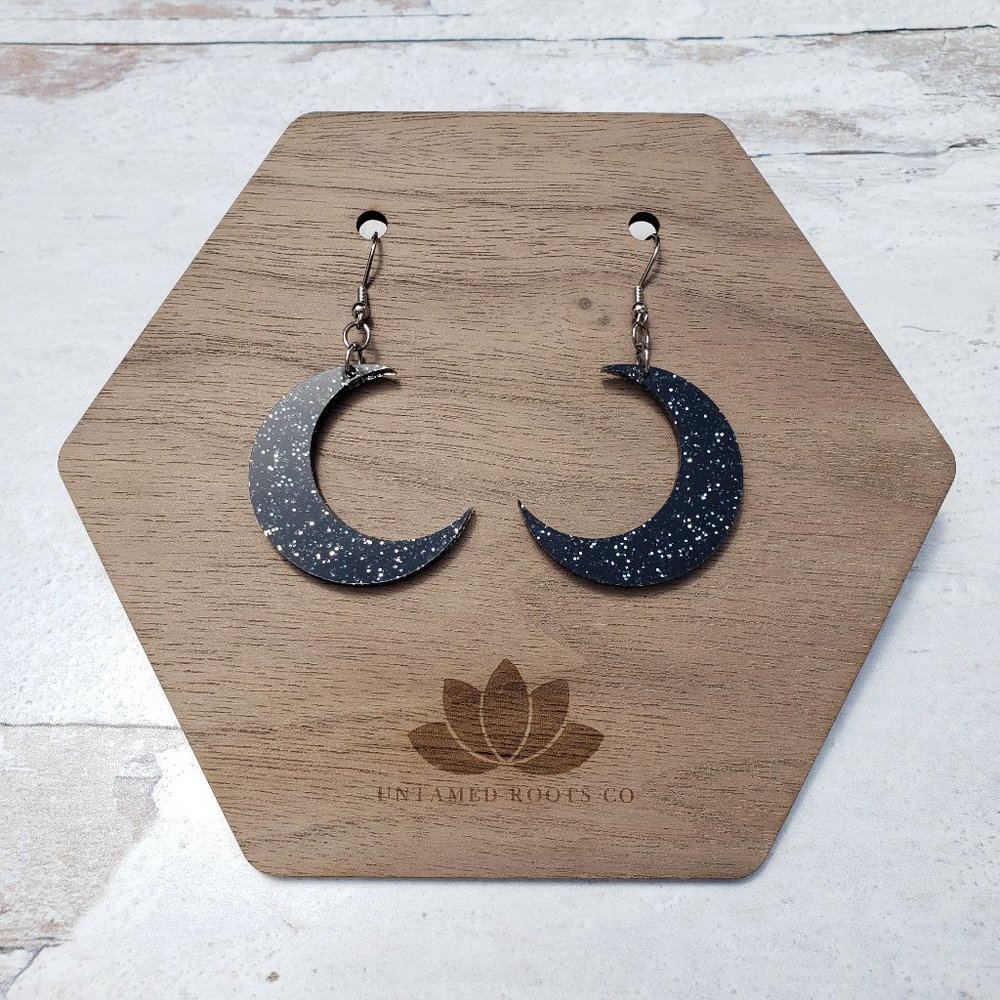 Celestial Crescent Moon Dangle Earrings, Black and Silver Glitter, Acrylic